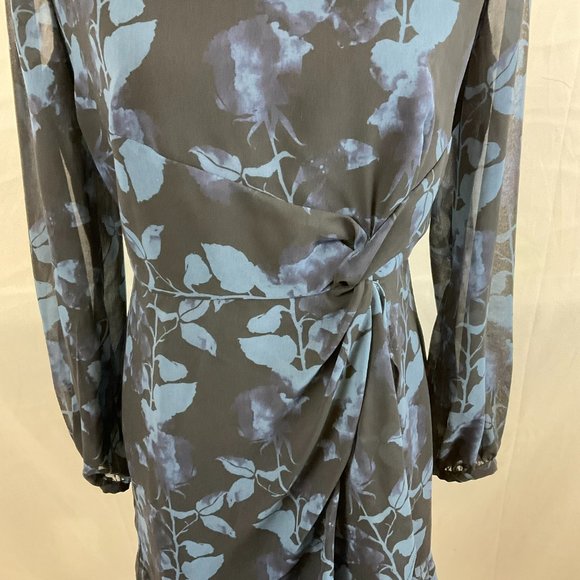 Hutch Dress 6 Blue Black Leaf Print Long Semi-Sheer Sleeve Drape Detail - Picture 4 of 13